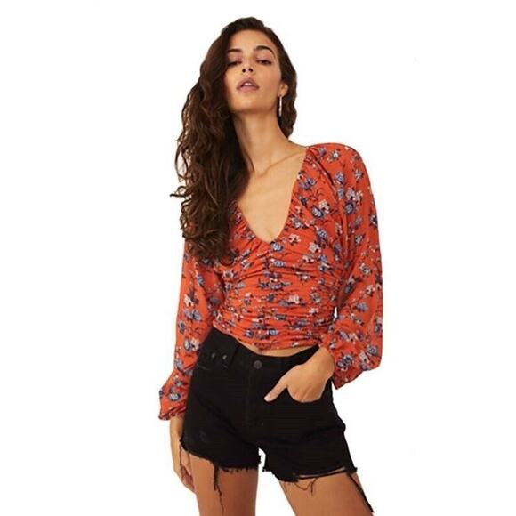 Free People Women Rust Floral Casual Boho V-neck Balloon Sleeves Blouse Size S - Picture 1 of 4